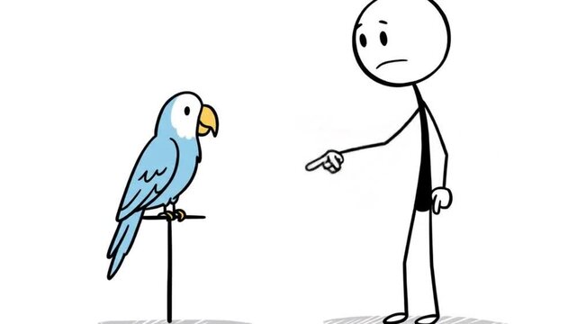Cartoon stick figure and blue parrot illustration flat design