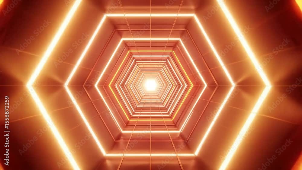 Poster orange hexagonal tunnel with glowing light at the end of the corridor with futuristic design and per