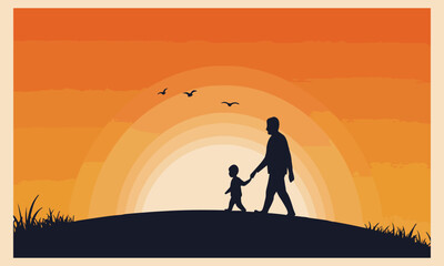 Fototapeta premium Vintage-inspired vector of father and child holding hands. Great for greeting cards, banners, or t-shirts