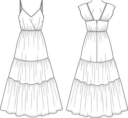 Tiered maxi summer dress flat sketch, strappy dress front and back view, technical fashion drawing, garment CAD template vector