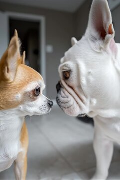Chihuahua dog staring at Bulldog