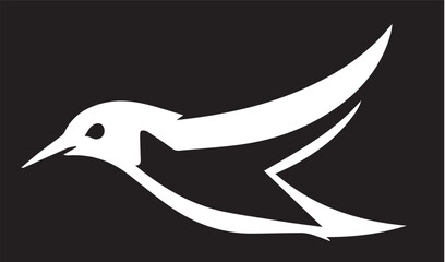 A dynamic, minimalist vector silhouette of a bird in flight, rendered in white against a black background, conveying freedom, movement, or nature.