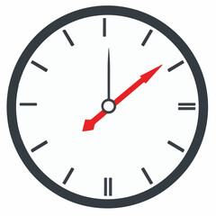 
A minimalist vector icon of a clock face with a dark gray bezel, red hour and minute hands, and black hour markers, set on a white background.