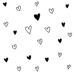 A minimalist black and white hand-drawn heart pattern on a white background. The image features scattered heart shapes in varying sizes, some filled with black and others 