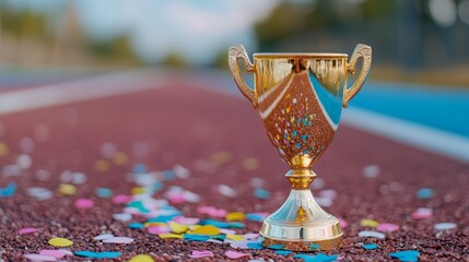 A gold trophy sits on a red running track surrounded by colorful confetti. The background is slightly blurred.
