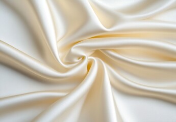 Cream colored fabric with elegant, swirling folds and soft, luxurious texture. Close up view shows subtle sheen and smooth surface.