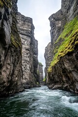 A narrow river flows between tall, moss covered canyon walls under an overcast sky. The water is dark and moving swiftly. The canyon walls are gray and textured.