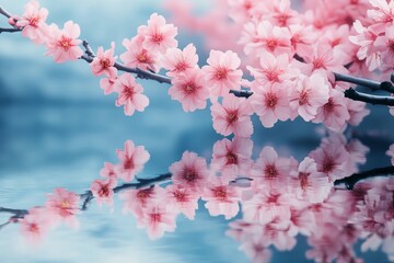 Cherry blossoms reflecting on calm water, delicate pink flowers symbolize spring and renewal