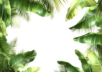 Lush green tropical leaves create a vibrant border around a bright white center, suitable for text or product placement. The image evokes a tropical, summery atmosphere.