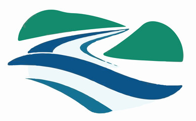 A stylized vector illustration depicting a winding blue river flowing through green hills, conveying a sense of natural landscape, environmental themes, or serene travel.