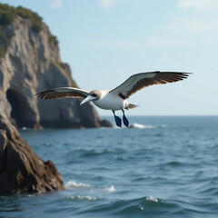 Naklejka premium Blue-Footed Booby in Flight: Coastal Majesty
