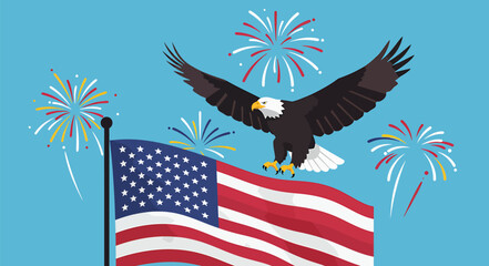 A majestic bald eagle soars above an American flag, fireworks bursting in celebration.
