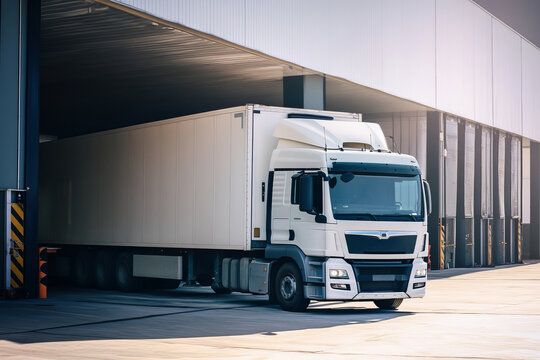 Modern white semi truck at logistics warehouse during golden hour, symbolizing efficient transportation, reliability, and global freight shipping services