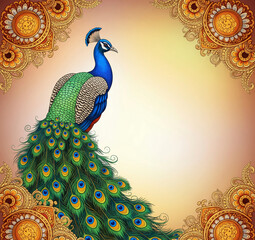 Majestic Indian Peacock with Ornate Golden Henna Border - Vibrant Cultural Background for Celebrations and Invitations