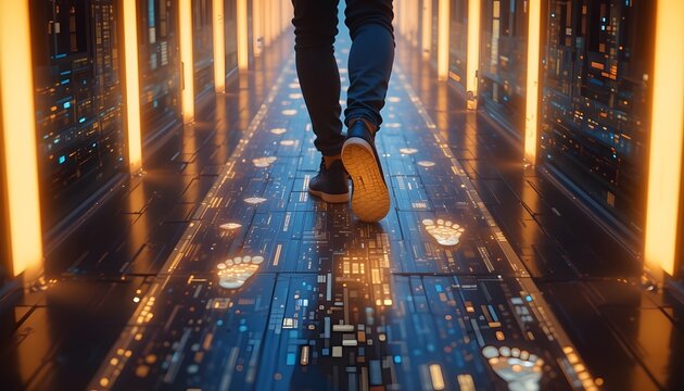 A person walks through a futuristic hallway with glowing pillars and a floor displaying their footprints.