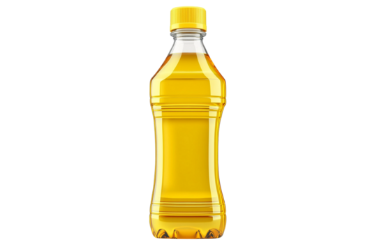 Close-up shot of a 1-liter sunflower oil bottle with a yellow cap, filled with shimmering golden oil on transparent png background. Ai generated