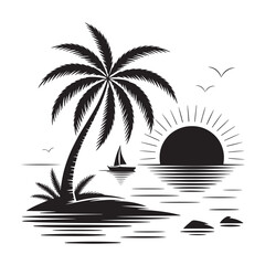 Tropical Island Sunset with Palm Tree and Sailboat Silhouette