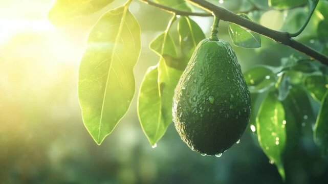 Avocado on Branch: A close-up shot of a single, ripe avocado hanging from a branch, with vibrant green leaves glistening under the sun's warm rays, offering a glimpse of nature's bounty.