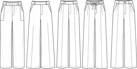 Women's wide leg pants flat sketch, front view collection, various waistband styles, fashion technical drawing, editable CAD vector design