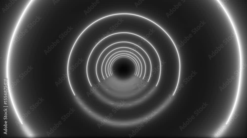 Poster abstract white neon concentric circles tunnel loop on dark background for futuristic design