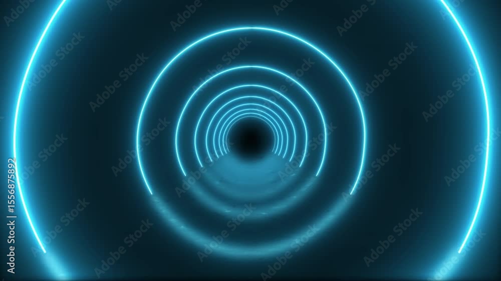 Poster abstract blue neon concentric circles tunnel loop on dark background for futuristic design