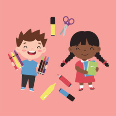 Happy Diverse Children with School Supplies and Books