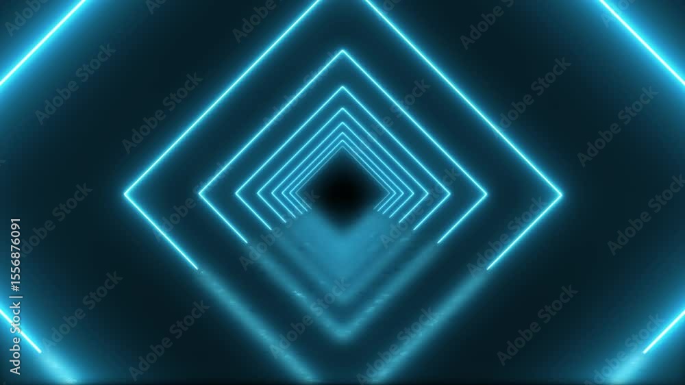 Poster looped 3d animation, neon tunnel with square frames. abstract cycled background