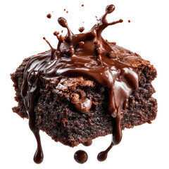 Brownie piece bursting with melted chocolate center, suspended on white