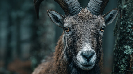 Obraz premium A close up portrait of a markhor goat with large horns in a forest looking at the camera lens