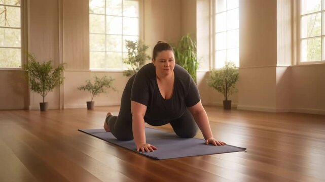 Plus size woman performing bitilasana cow pose yoga exercise