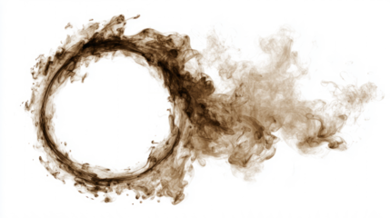 Circular smoke ring dispersing into wisps, isolated on white background