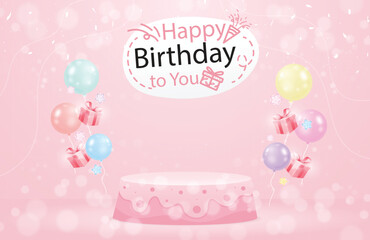 A birthdaythemed stage with balloons presents and a Happy Birthday sign against a pink bokeh background