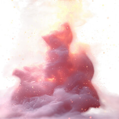 Ethereal pink and golden nebula with sparkling glitter and wispy smoke clouds isolated on transparent background