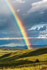 Rainbow on green hills background, beauty and purity of nature, sky after rain, summer vacation