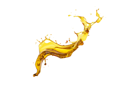 Golden liquid splash and fluid dynamics abstract shape isolated on transparent background