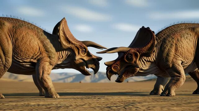Two Triceratops face each other in a desert landscape horns nearly touching