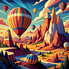 A dynamic vector scene of vibrant hot air balloons soaring over the iconic rock formations of Cappadocia, ideal for tourism, travel, or outdoor adventure concepts.