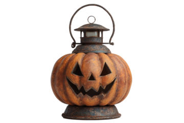 Halloween lantern with creepy smile, pumpkin lamp, white backdrop