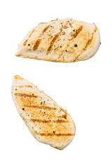 Two grilled chicken breasts seasoned with pepper and herbs isolated on transparent background