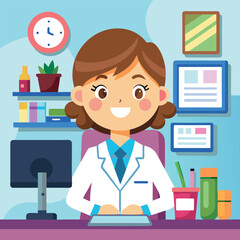 Friendly female doctor in a white lab coat sitting at her desk working on a computer in a modern office with medical charts and a clock on the wall