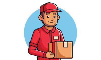 Friendly cartoon delivery man wearing a red uniform and cap holding a cardboard package with a smile representing shipping and logistics services