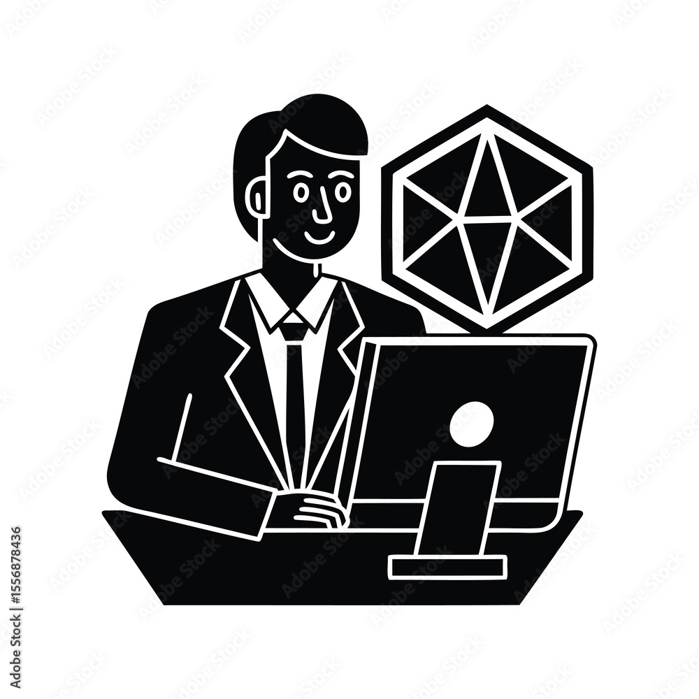 Fototapete professional man in suit working on computer with abstract shape
