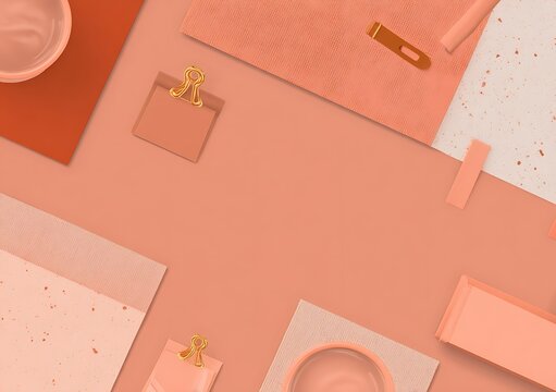 Peach stationery set flat lay presentation - Powered by Adobe