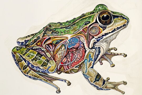 Labeled cross-section of frog anatomy, hand-drawn for biology education