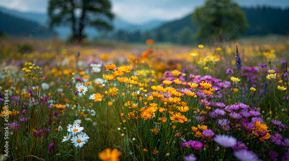 Poster a field of colorful wildflowers with trees and mountains in the background on a cloudy day