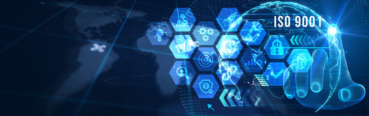 Business, technology, internet and network concept. Virtual screen of the future with the inscription: ISO 9001. 3d illustration