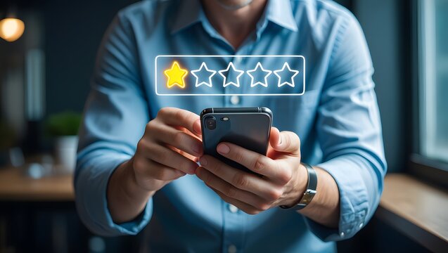 Negative customer review concept. A person use smartphone to give a one-star rating, symbolizing customer dissatisfaction, negative feedback, and online reviews in business reputation. 1 star score, 
