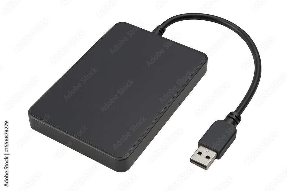Poster black external hard drive with usb cable isolated on transparent background, ideal for data storage 