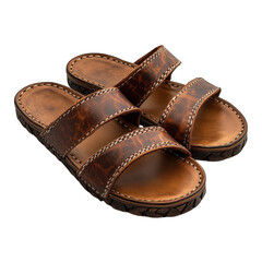 A pair of stylish brown leather sandals with decorative stitching and a textured sole presented isolated on transparent background