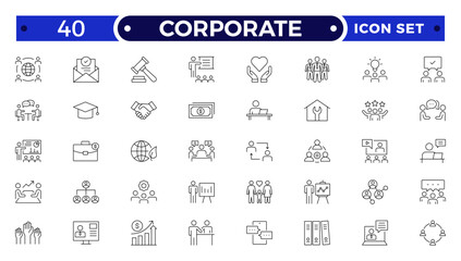 corporate Outline icon set. Business, office, finance, management, law, legal, document, team, analysis, company, chart, graph, employee, HR, contract, tax, planning, symbol, icon.